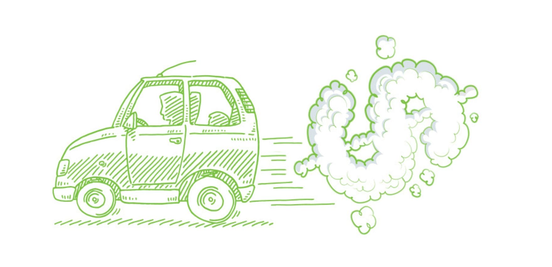 Illustration of a car with a cloud of emissions coming from behind the car in the shape of a dollar sign.