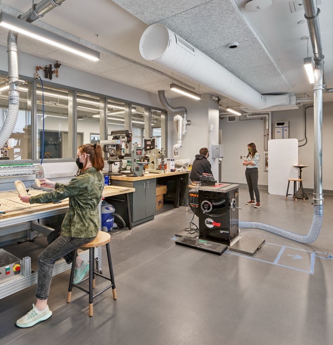 Students bringing their ideas to life in the Advanced Fabrication Lab in Tangen Hall.