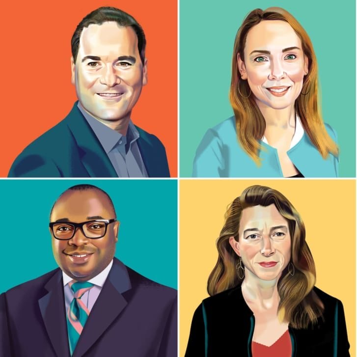 Six illustrated portraits of Wharton alumni experts at the forefront of ESG.