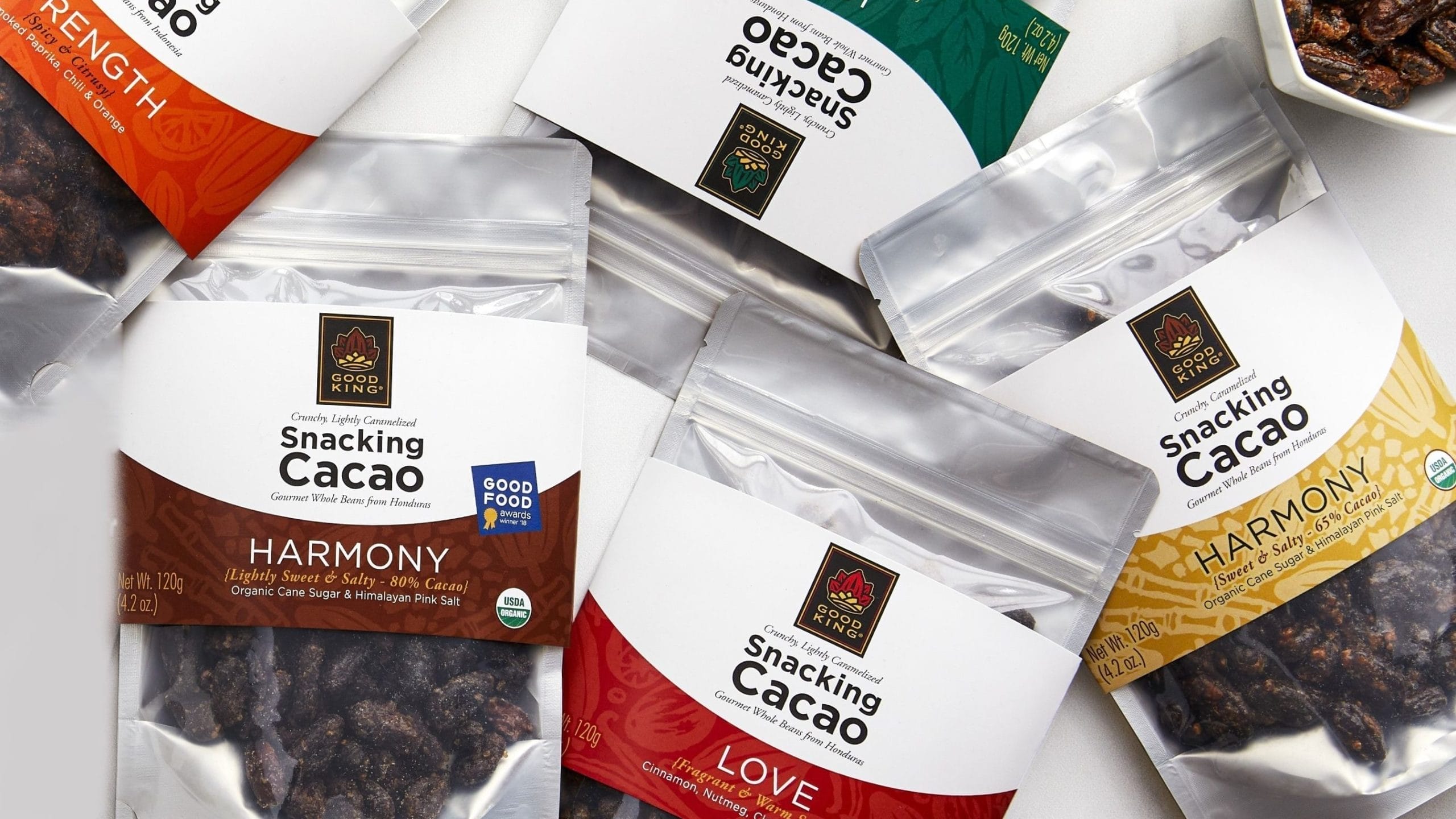 Cacao snack bags by Good King.