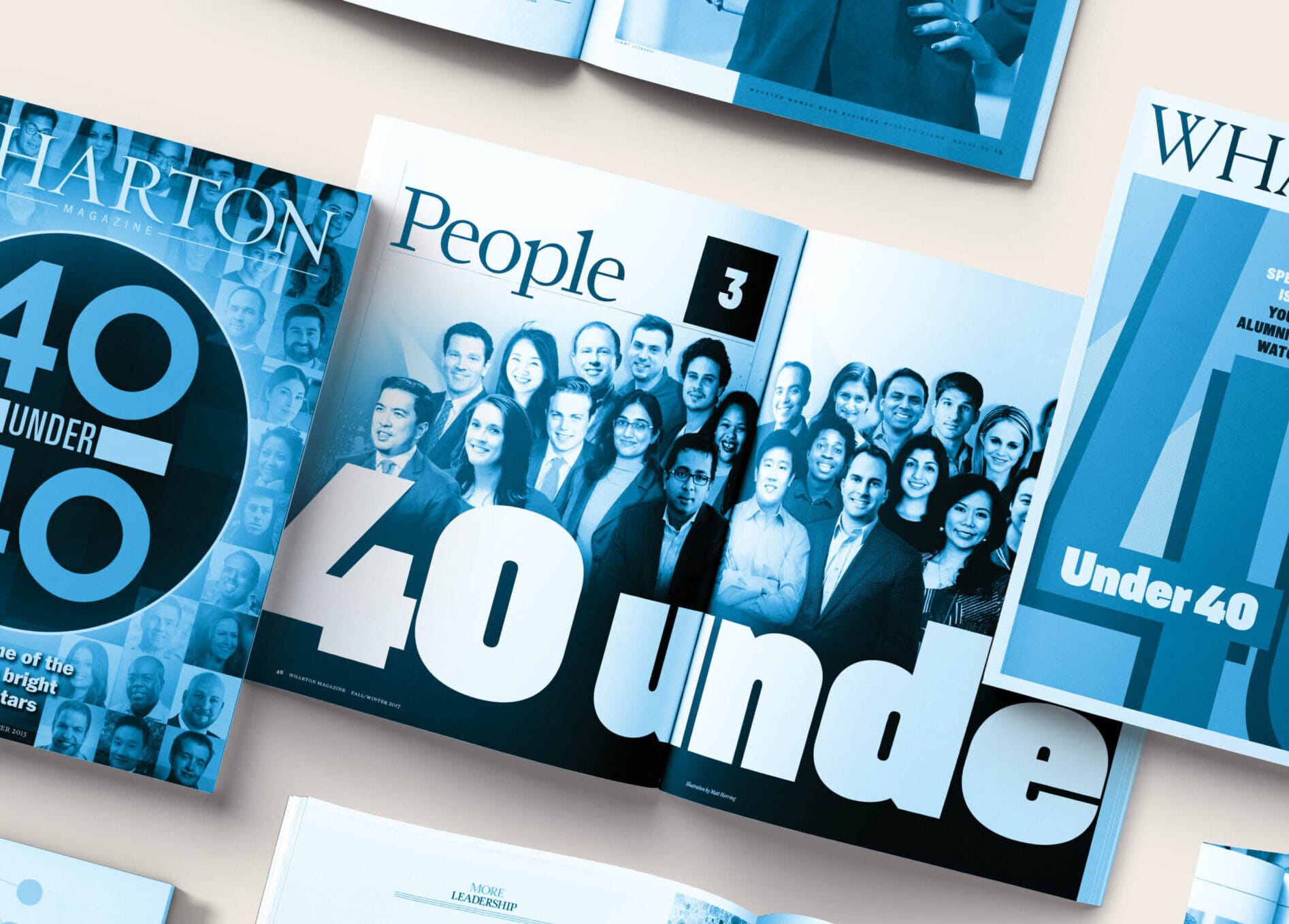 Spreads and covers from previous Wharton Magazines of the magazine's 40 Under 40 features.
