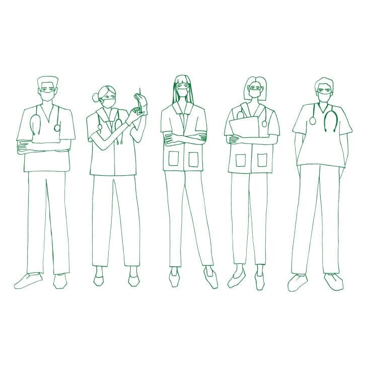 Illustration of five medical professionals standing in a row.