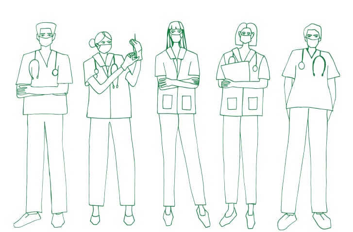 Illustration of five medical professionals standing in a row.
