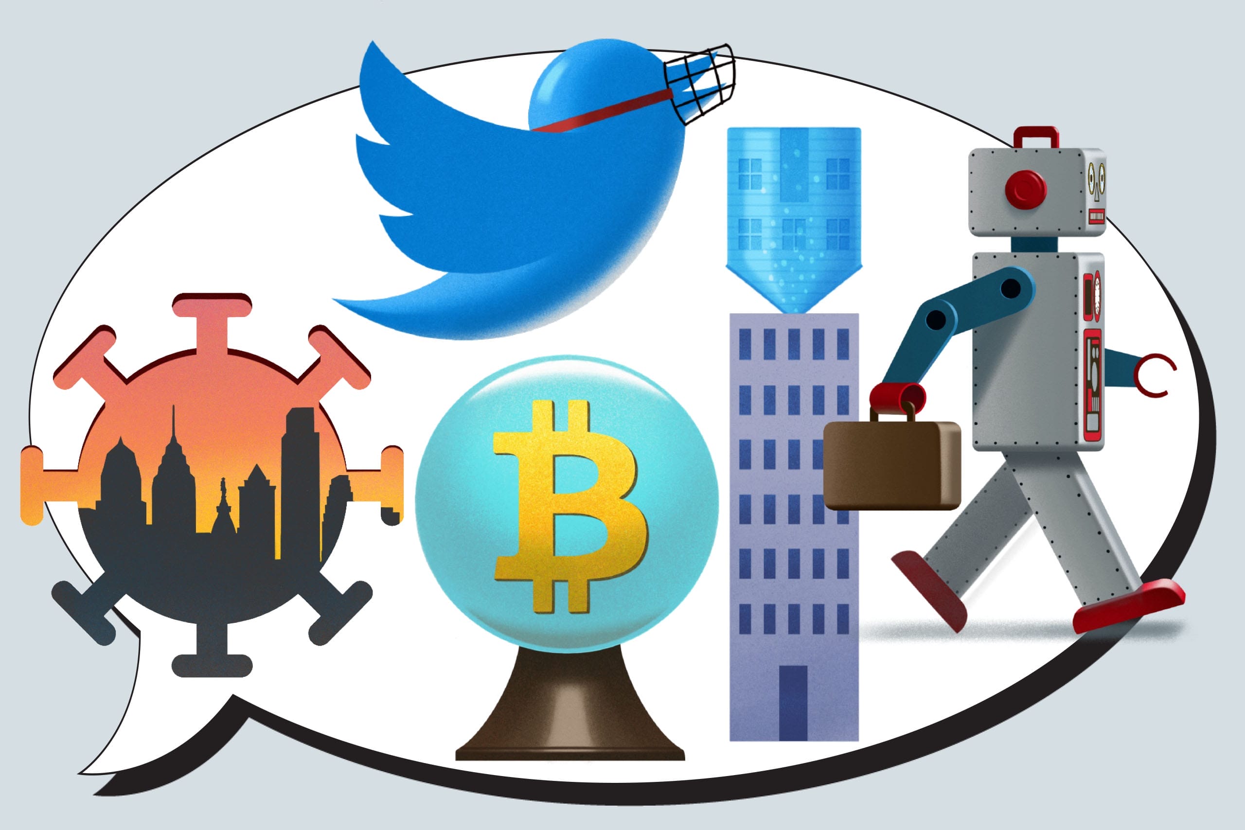 Conceptual illustration of a city silhouette on a COVID spore, a bitcoin symbol in a crystal ball, a Twitter bird with a muzzle beak, a home upside down on top of an office building, and a robot carrying a briefcase.
