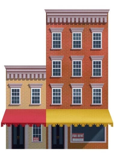 Illustration of two city buildings with "For Rent" in each of their ground-floor windows.