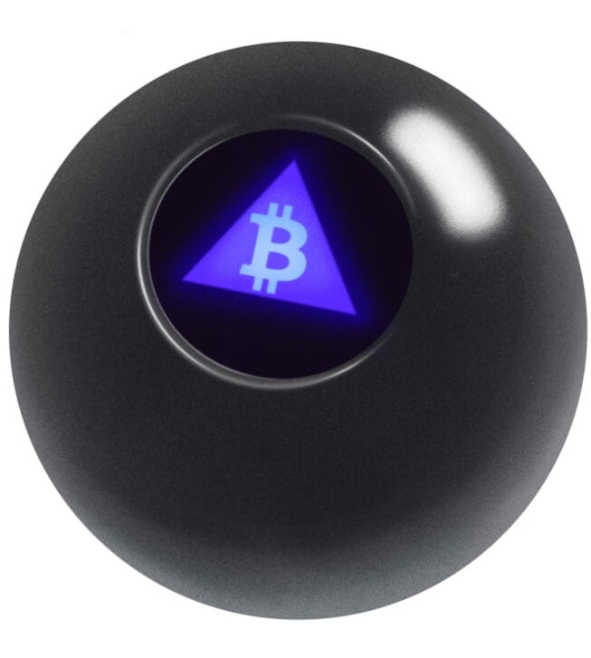Illustration of a magic 8 ball with a bitcoin symbol in the viewfinder.