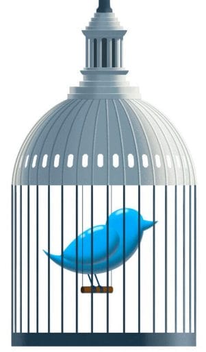 Conceptual illustration of the Twitter bird trapped in a birdcage that resembles the Capitol Rotunda.