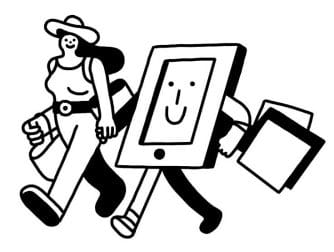 Conceptual illustration of a person shopping and holding hands with an iPad that is also shopping.