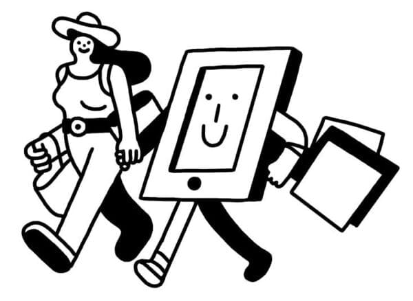 Conceptual illustration of a person shopping and holding hands with an iPad that is also shopping.