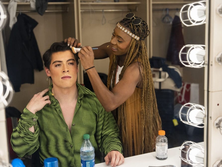 Aidan Cleary has his makeup done by Mary Joseph backstage.