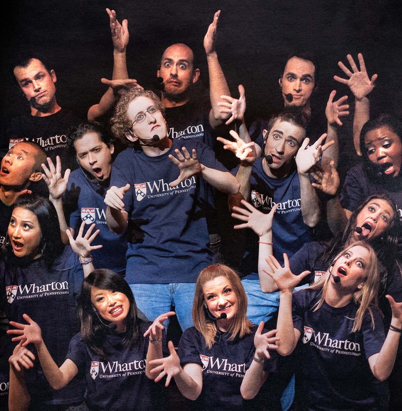 Members of the Follies wearing blue Wharton T-shirts in a past performance.