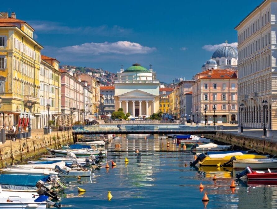 The Canal Grande and surrounding buildings in Trieste, Italy.