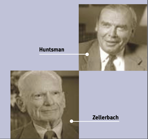 Profile pictures of Jon M. Huntsman, W'59, and William Zellerbach, W’42