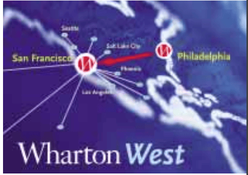 Satelite image of the United States highlights the locations of Wharton. Wharton in Philadelphia and Wharton West located in San Francisco
