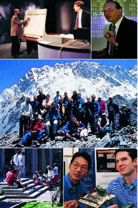 Collage of people doing different things. Picture one is of a man sitting at a desk learning from another at a whiteboard. Second picture is of a man standing explaining a concept. Middle picture is of a group of people standing together at a mountain. Bottom left picture is of people standing at steps. Bottom right picture is two men pictured together with a model between them.