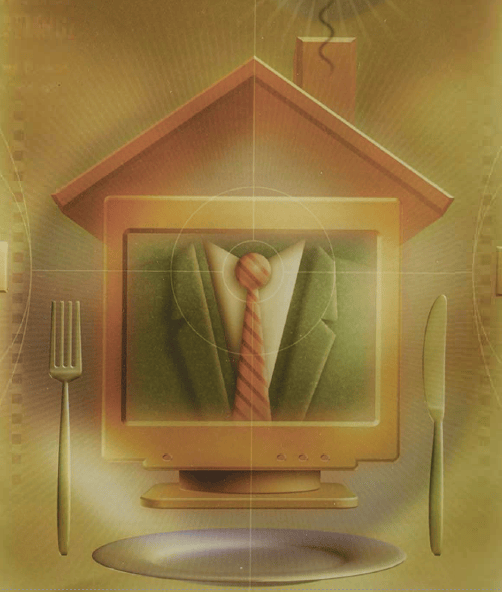 An illustration of a computer with a suit on the screen and a house roof on top of it as well as a knife, fork, and plate around it.