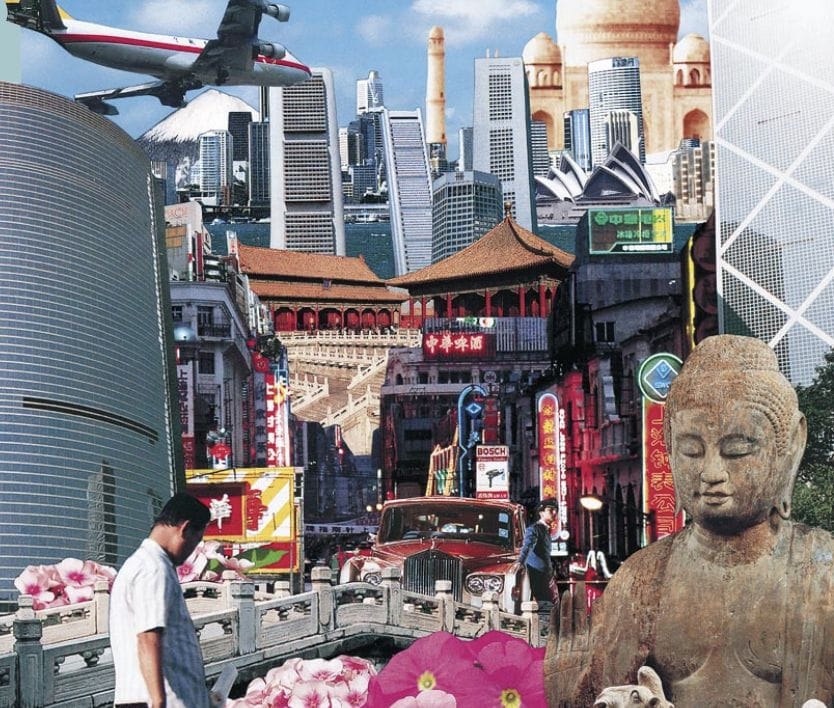 Collage of Asias icons. We can see many buildings, a person on a bridge. flowers. and a buddha statue
