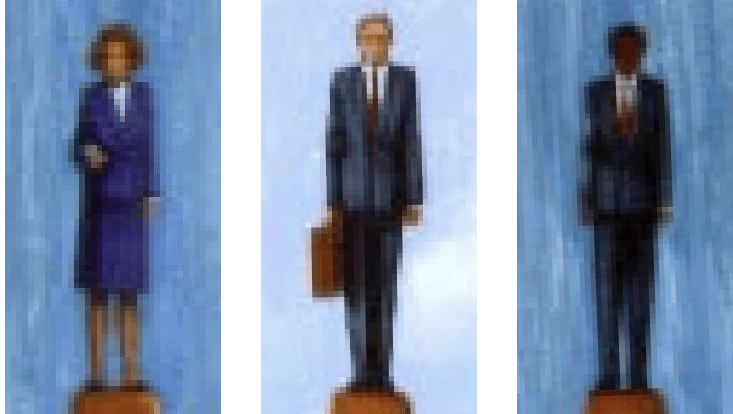 Pixelated and animated picture of three people side by side. From left to right we have a woman, and two men. All are in business atire