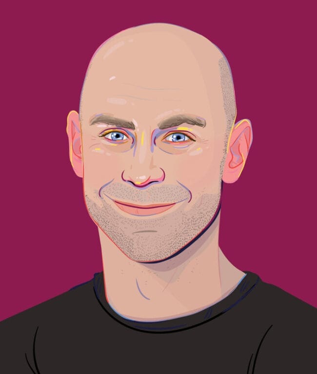 Illustrated portrait of professor Adam Grant against a maroon background.
