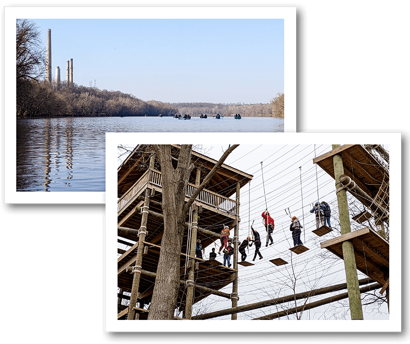 An image of a group of people kayaking on a river with smokestacks in the distance and another image with students in helmets and harnesses navigating obstacles between treehouses high above the ground.