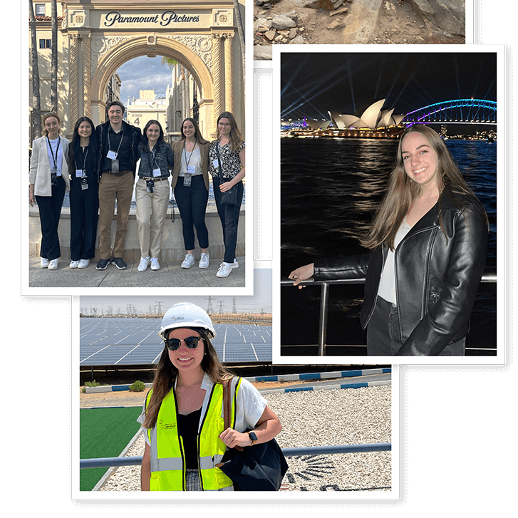 Four photos of Gabriella Gibson's travels, including two dozen students posing atop an overlook above a river; six students in front of an archway with the words 