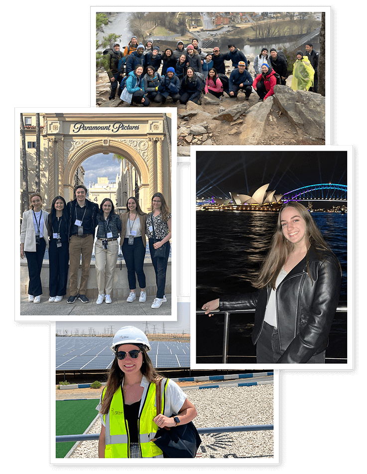 Four photos of Gabriella Gibson's travels, including two dozen students posing atop an overlook above a river; six students in front of an archway with the words 