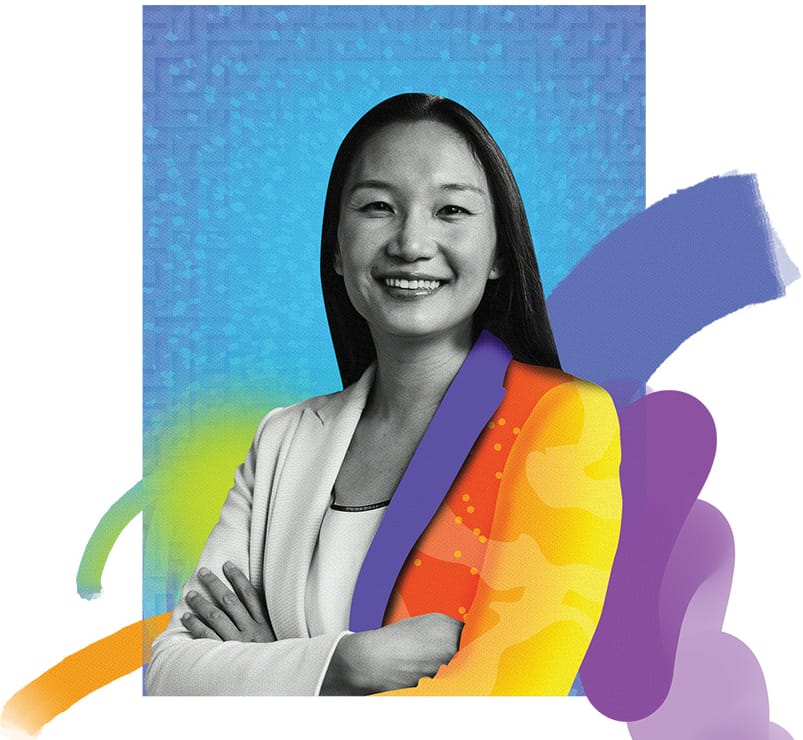Mixed media portrait of a woman in a white blazer in front of a blue background and with purple, orange, and green coloring around her.