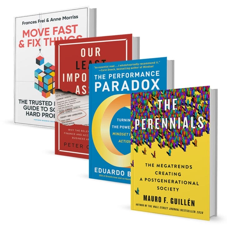 Four books positioned in a descending line. The four books are titled 