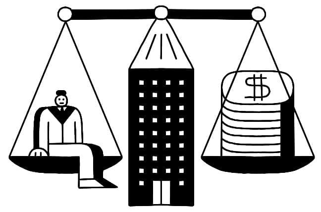 Illustration of a scale with a man in a suit on one side and money on the other.