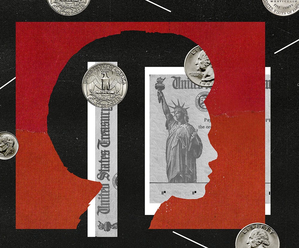 An illustration of a silhouetted head with a Treasury department check behind it and coins floating around it.
