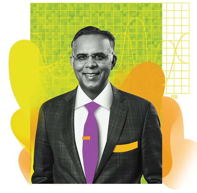 Mixed media portrait of a man in a black suit and a white button-down shirt against a green, orange, and yellow background, and with touches of purple and yellow on his clothing.