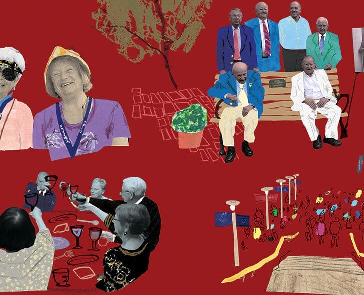 Mixed media illustration of emeritus alumni gathering in various settings, including around a dinner table cheering with glasses, at a bench honoring a deceased emeritus alumnus and in Huntsman Hall at Reunion.