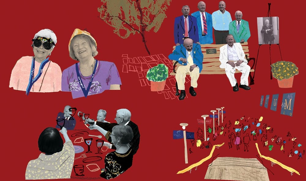 Mixed media illustration of emeritus alumni gathering in various settings, including around a dinner table cheering with glasses, at a bench honoring a deceased emeritus alumnus and in Huntsman Hall at Reunion.