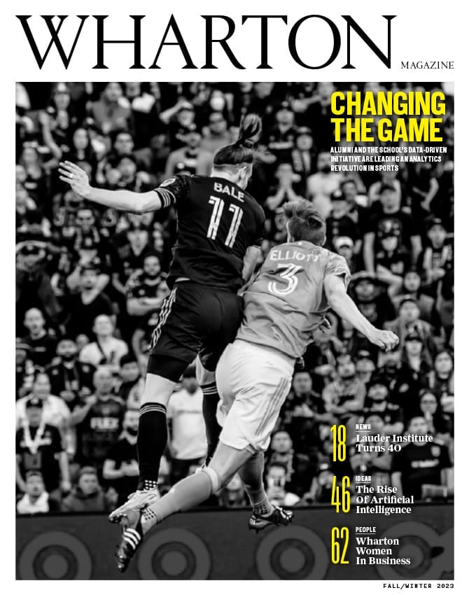 Cover of the Fall Winter 2023 issue of Wharton Magazine, featuring two soccer players colliding in a midair jump.