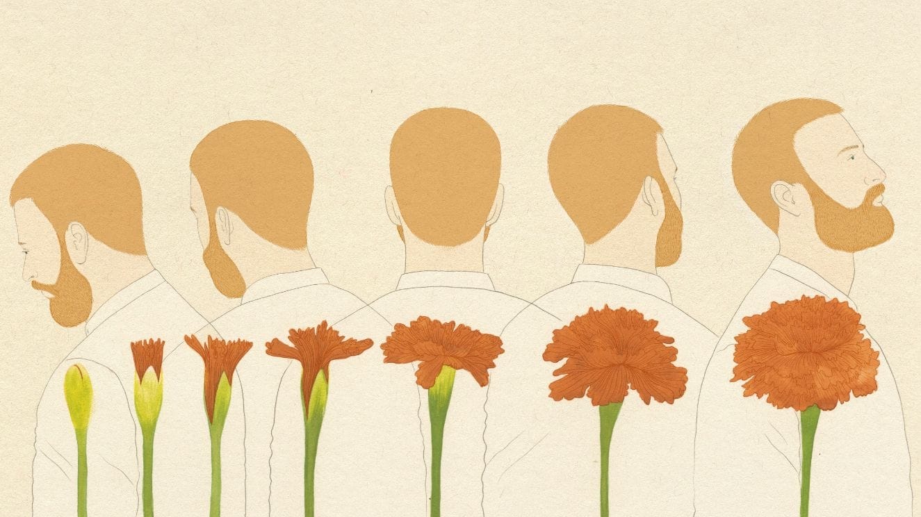 Conceptual illustration of a man's emotion evolving from dejected to proud, with a flower blooming in each stage of his evolution.