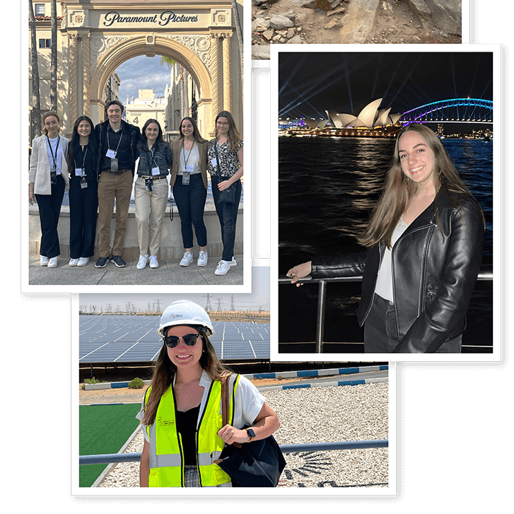Four photos of Gabriella Gibson's travels, including two dozen students posing atop an overlook above a river; six students in front of an archway with the words 