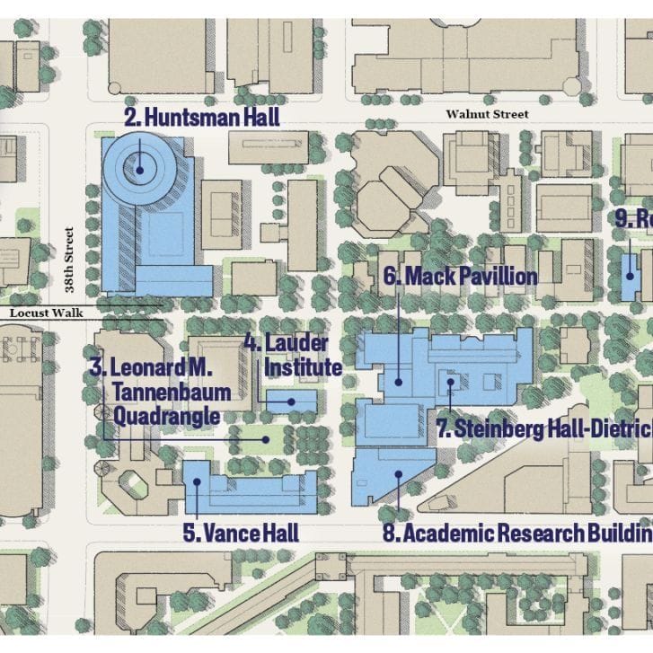Illustrated map of Wharton's campus.