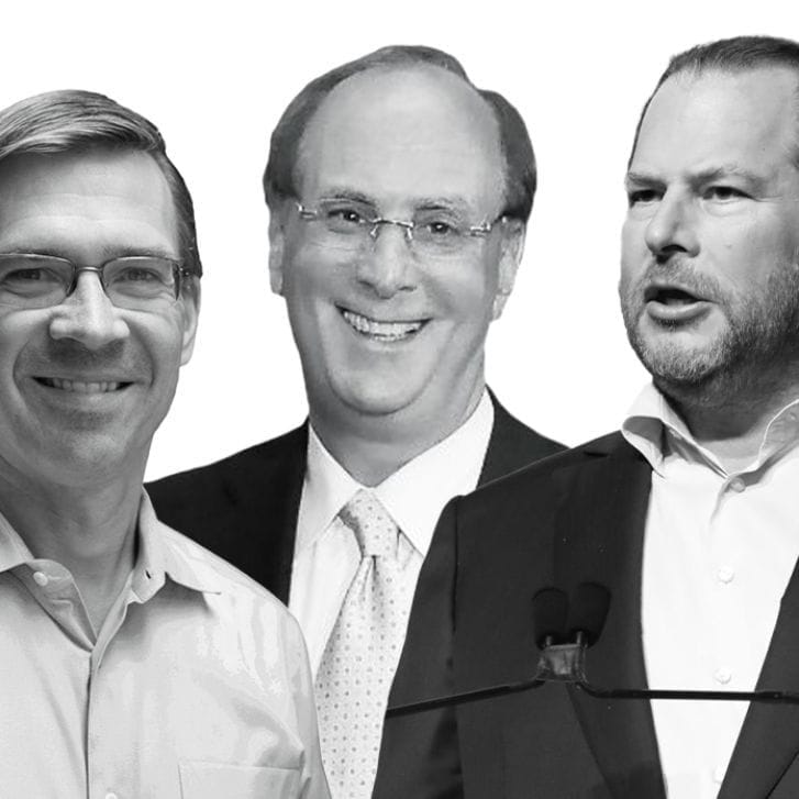 Collage of Witold Henisz, Larry Fink, and Marc Benioff.