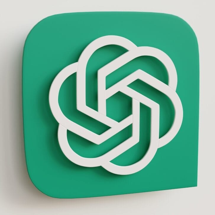 Illustration OpenAi's logo, a shape composed of swirling lines on a green background.