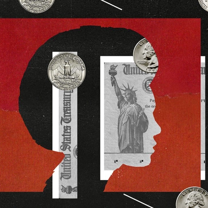An illustration of a silhouetted head with a Treasury department check behind it and coins floating around it.