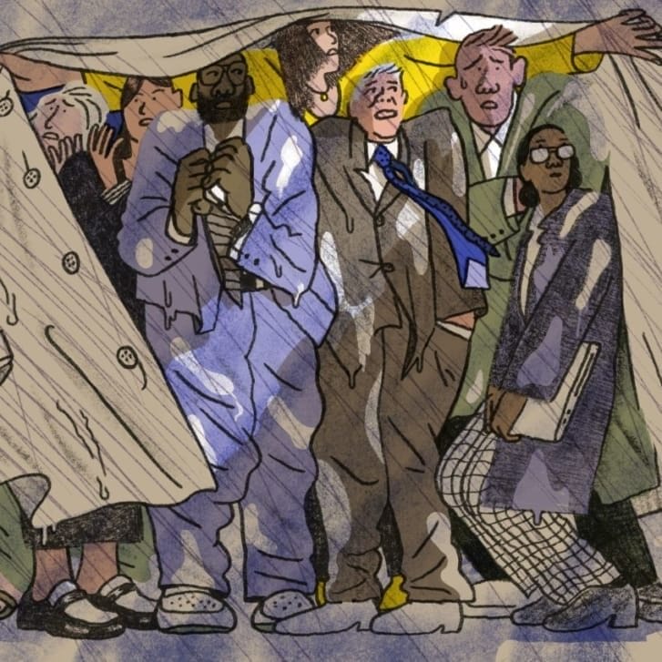 Illustration of business professionals weathering a storm together under a large jacket.