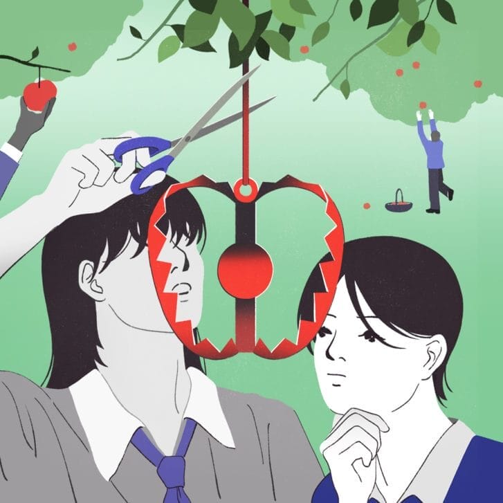 Conceptual illustration of people cutting a hanging apple that is secretly a bear trap.