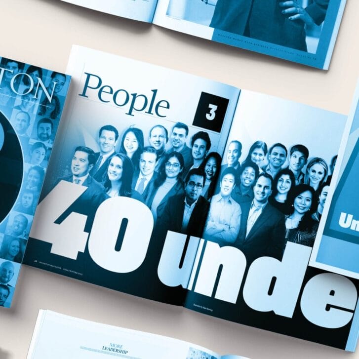 Spreads and covers from previous Wharton Magazines of the magazine's 40 Under 40 features.