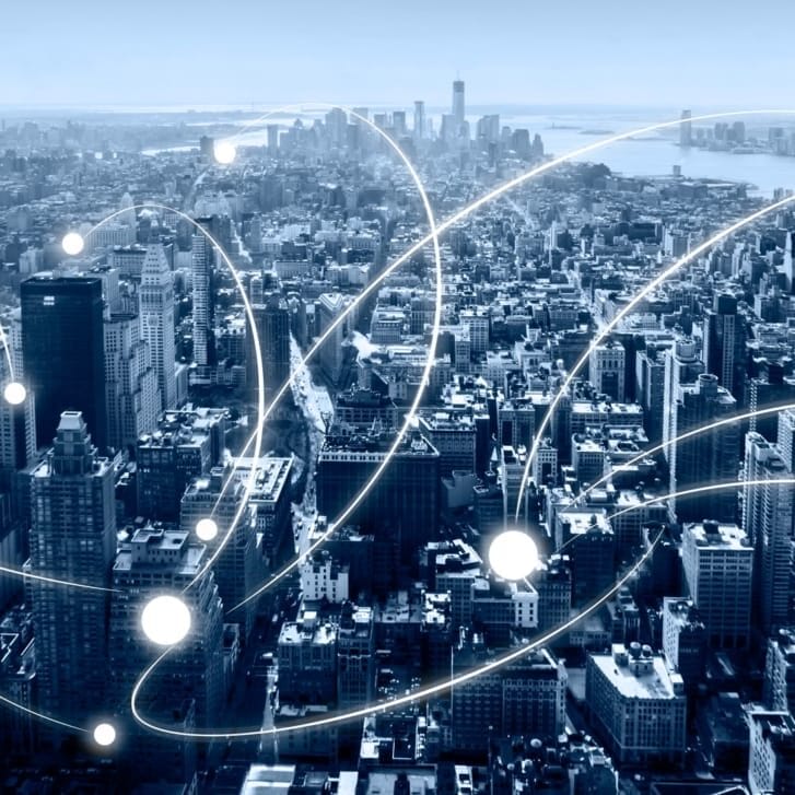 Conceptual image of New York City with lines crossing over city buildings, representing personal connections across the city.