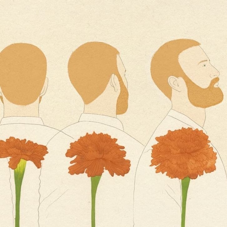 Conceptual illustration of a man's emotion evolving from dejected to proud, with a flower blooming in each stage of his evolution.