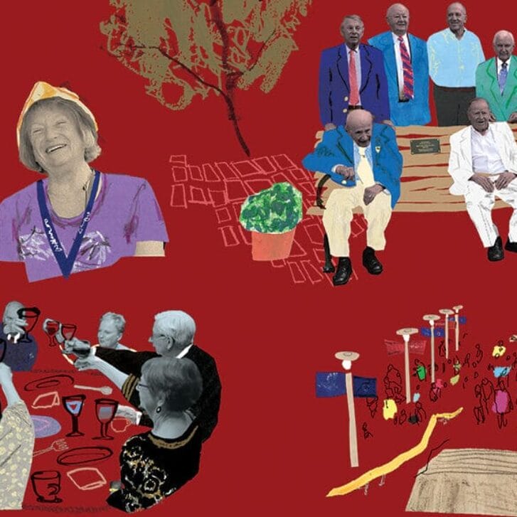Mixed media illustration of emeritus alumni gathering in various settings, including around a dinner table cheering with glasses, at a bench honoring a deceased emeritus alumnus and in Huntsman Hall at Reunion.