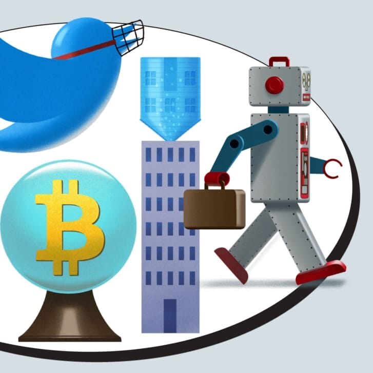 Conceptual illustration of a city silhouette on a COVID spore, a bitcoin symbol in a crystal ball, a Twitter bird with a muzzle beak, a home upside down on top of an office building, and a robot carrying a briefcase.