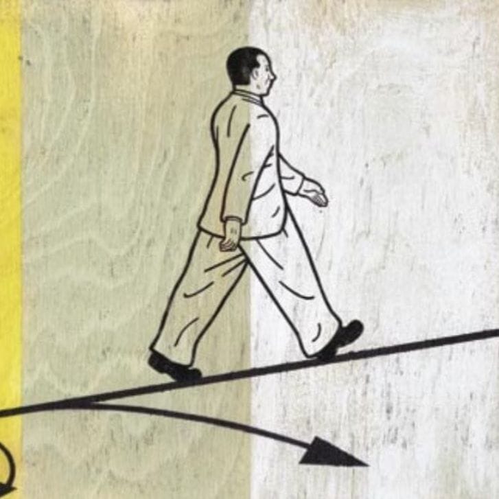 Conceptual illustration of a man walking on a path that is being created by a pen.