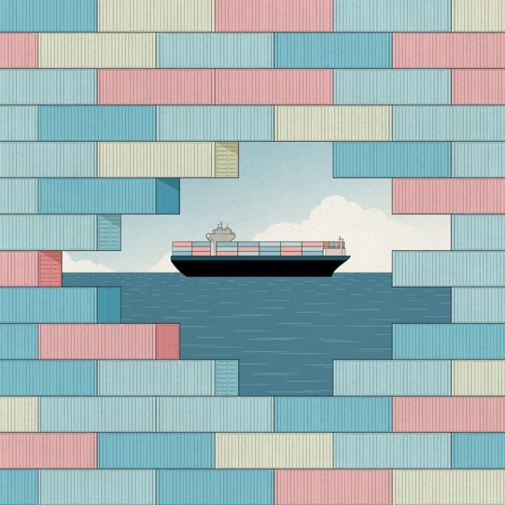 Illustration of shipping containers piling up.