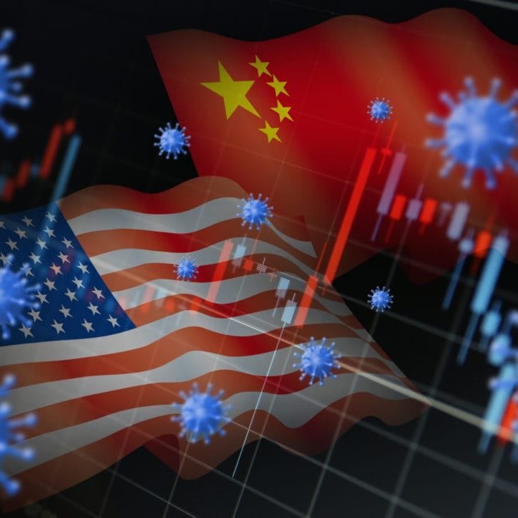 China and U.S. flags amid coronavirus imagery